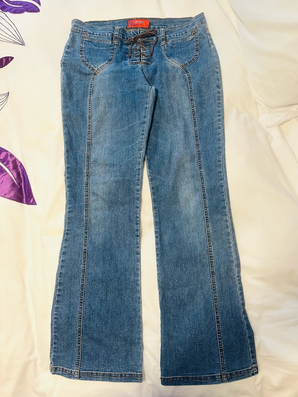 Y2K Benzene Size 13 Lace-Up Front Blue Jeans Flared Vintage